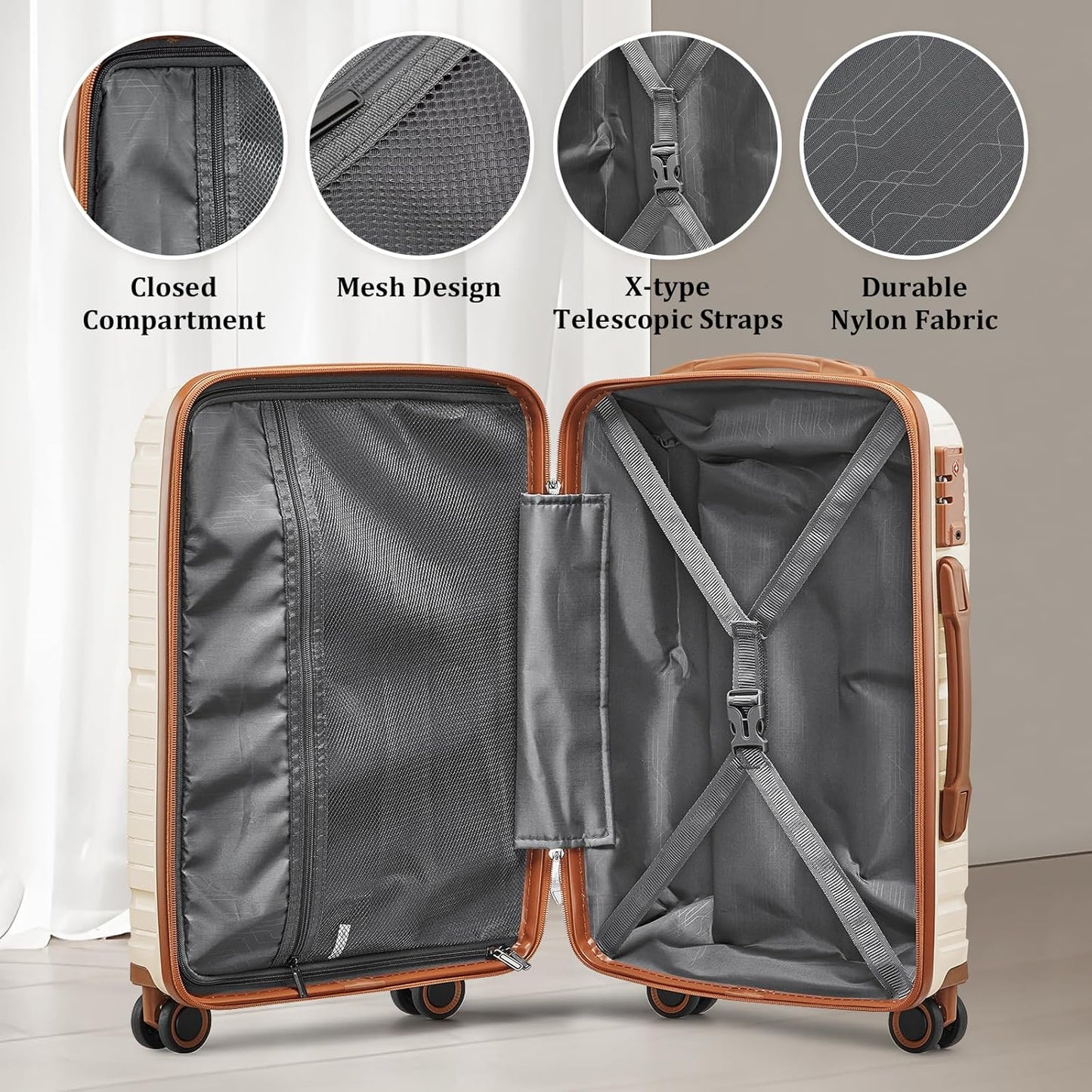 Joyway Luggage Sets 2 Piece PP Hardshell Carry on Suitcase and Checked Luggage, Travel Lightweight Suitcase Set with Double Spinner Wheels and TSA Lock, Beige Brown, 20+28 inch