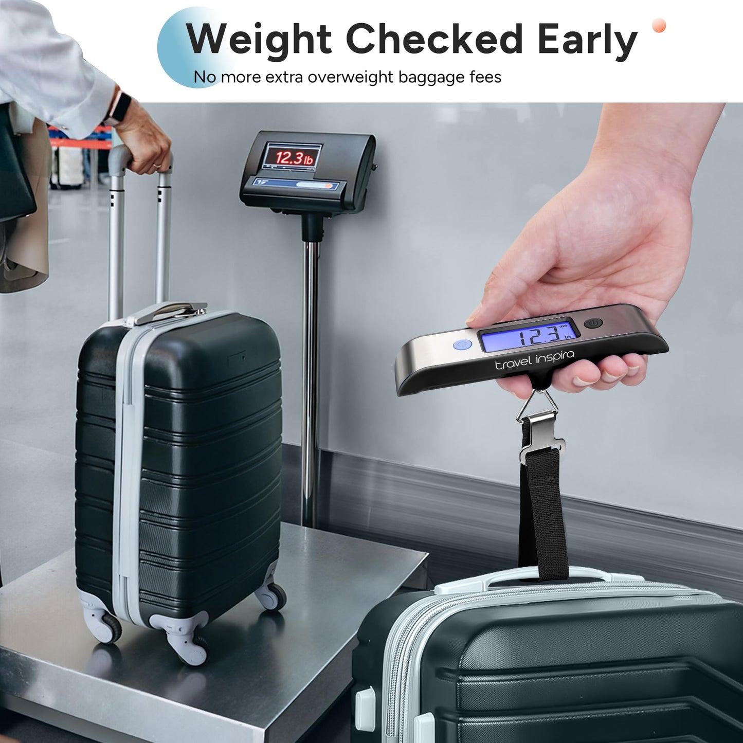 travel inspira Rechargeable Luggage Scale 110lb/50kg - Large Backlit Display - Stainless Steel