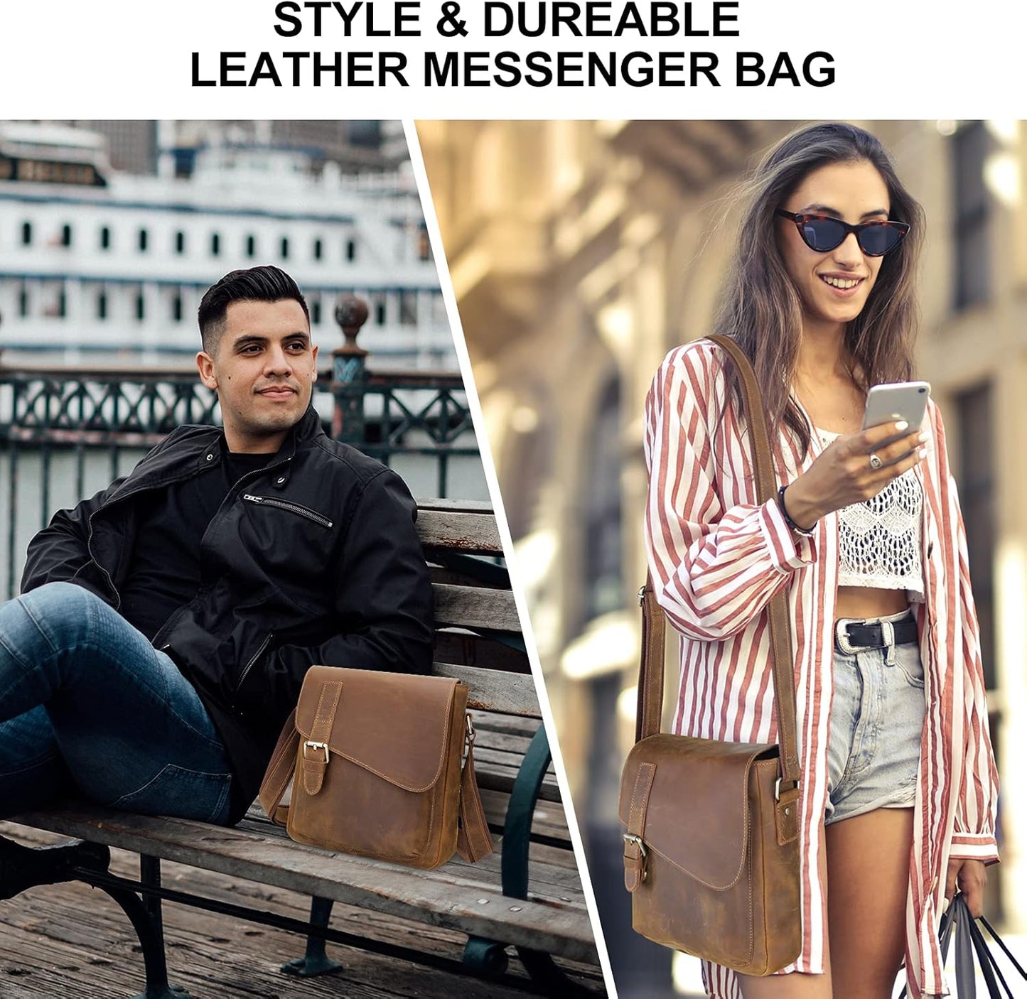 Augus Men's Leather Messenger Bag Shoulder Crossbody Backpack Bags Purse for Women Vintage Anti-Theft Waterproof Casual
