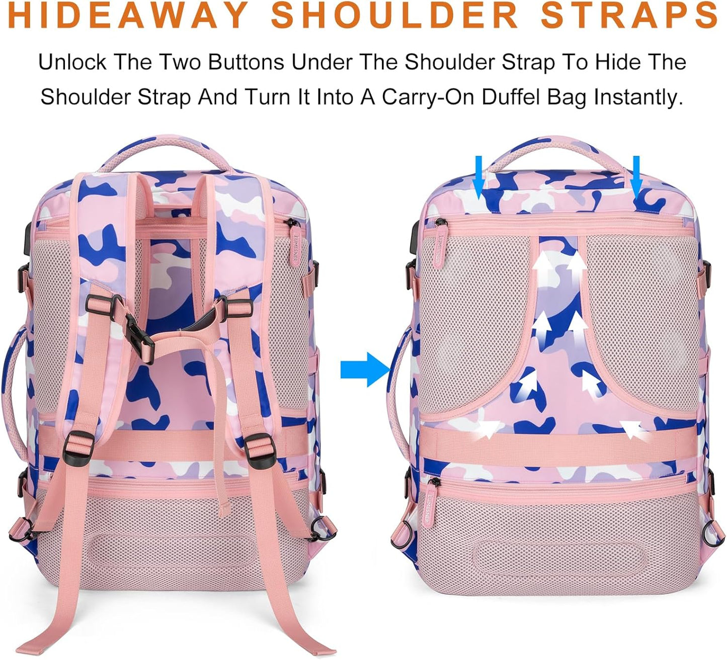 Lumesner Carry on Travel Backpacks, Extra Large 40L Flight Approved for Men & Women,Expandable Suitcase backpack (Camouflage Pink(Backpack With 4 Packing Cubes))
