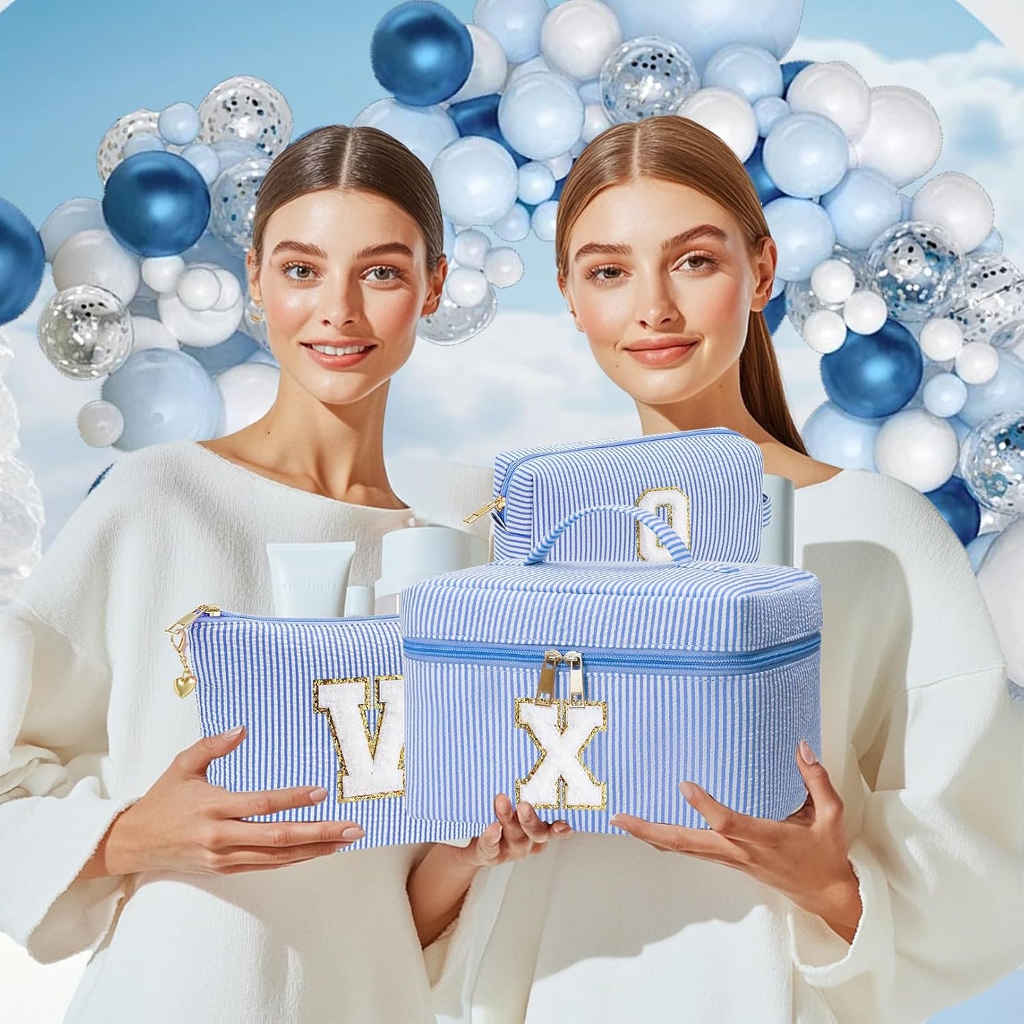 Personalized Monogram Makeup Bag, 3PCS Custom Monogrammed Toiletry Cosmetic Bag for 6-18 Teen Girls Women,Birthday Graduation Gifts Initial Pouch Makeup Bags for Women Girls, Make Up Bag (X, Blue)
