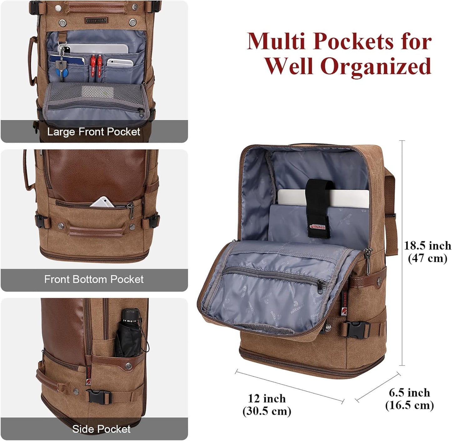 WITZMAN Travel Backpack for Men Women Carry on Luggage Backpack Canvas Rucksack Duffel bag with Shoe Compartment(A2020 Brown)