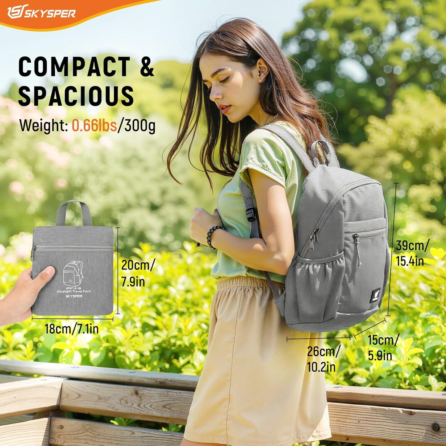 SKYSPER Anti Theft Hiking Backpack, 18L RFID Packable Travel Daypack, Lightweight Foldable Back