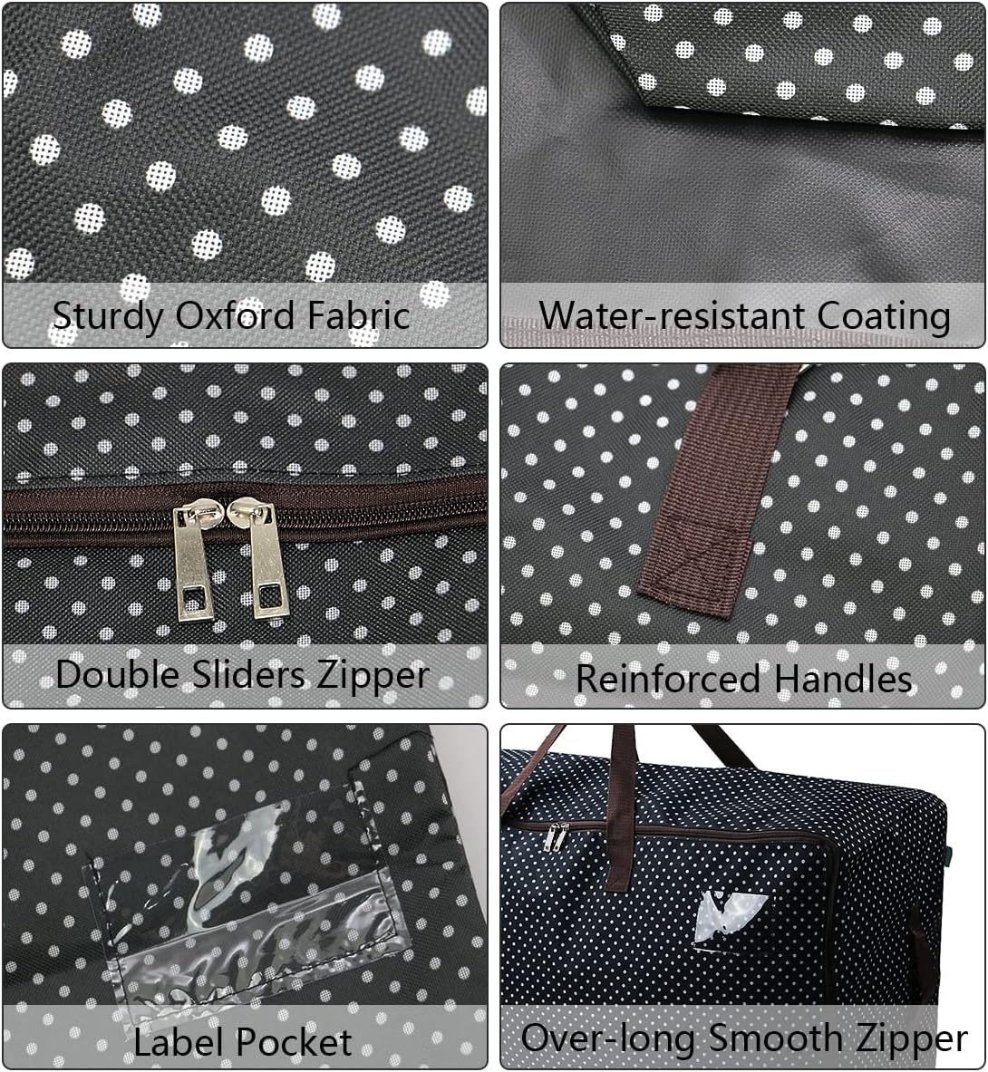 Pack of 2, 27.5 X 16.5 X 13.8", 3-Side Zip Open Holiday Decoration Storage Bags with Handles for Gift Wrap, Festival Lighting, Ornament, Moving Bags, Black Dots