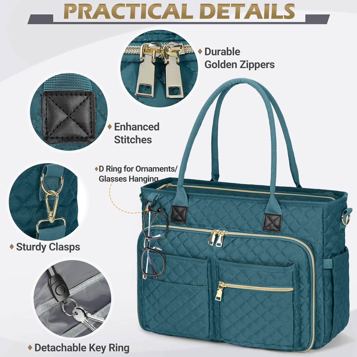 RAINSMORE Teacher Tote Bag 15.6 inch Laptop Bag for Women Work Bags Laptop Tote Nurse Bag Professional Computer Messenger with Insulated Pocket, Laptop Briefcase for Office, College, Nursing, Teal