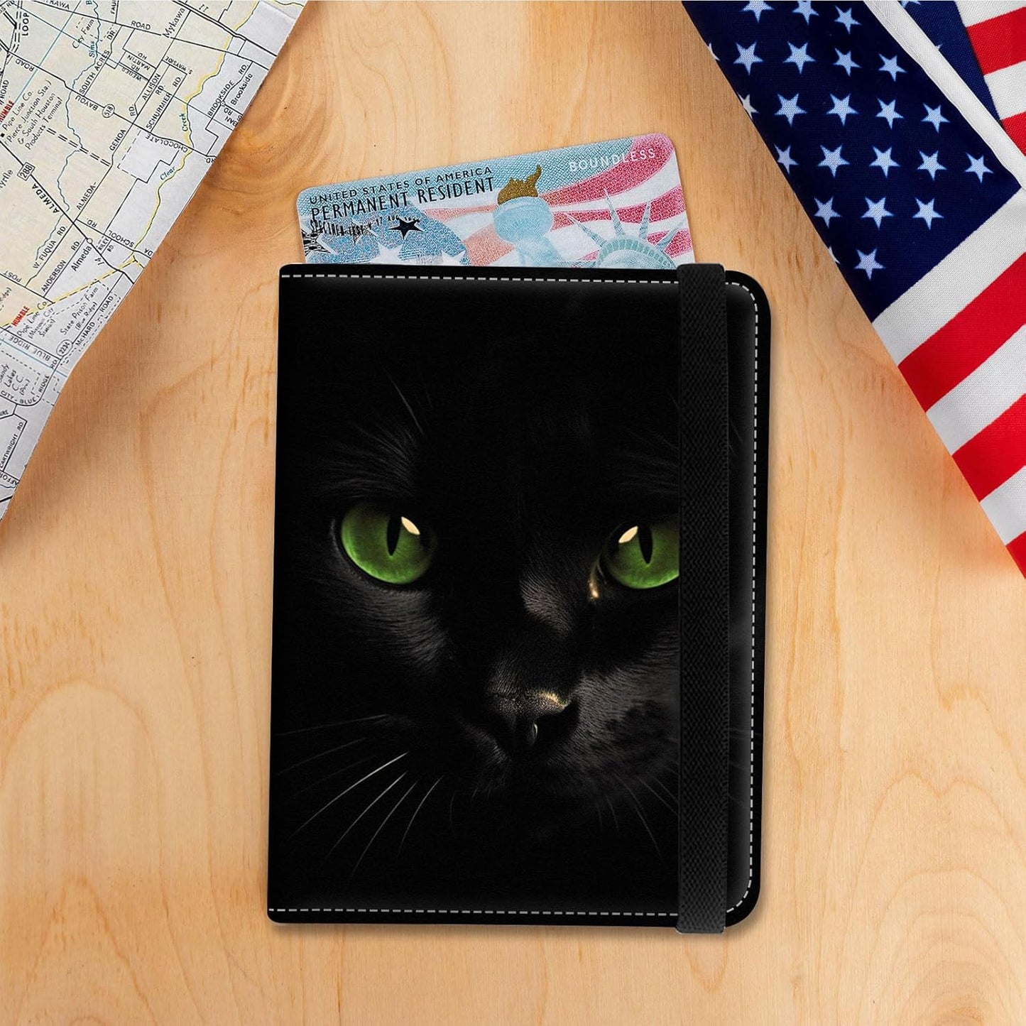 Passport Holder Cover Wallet Travel Essentials RFID Blocking Case Leather Passport Cover Wallet Vaccine Card Slot Organizer for Men Women, Black Cat