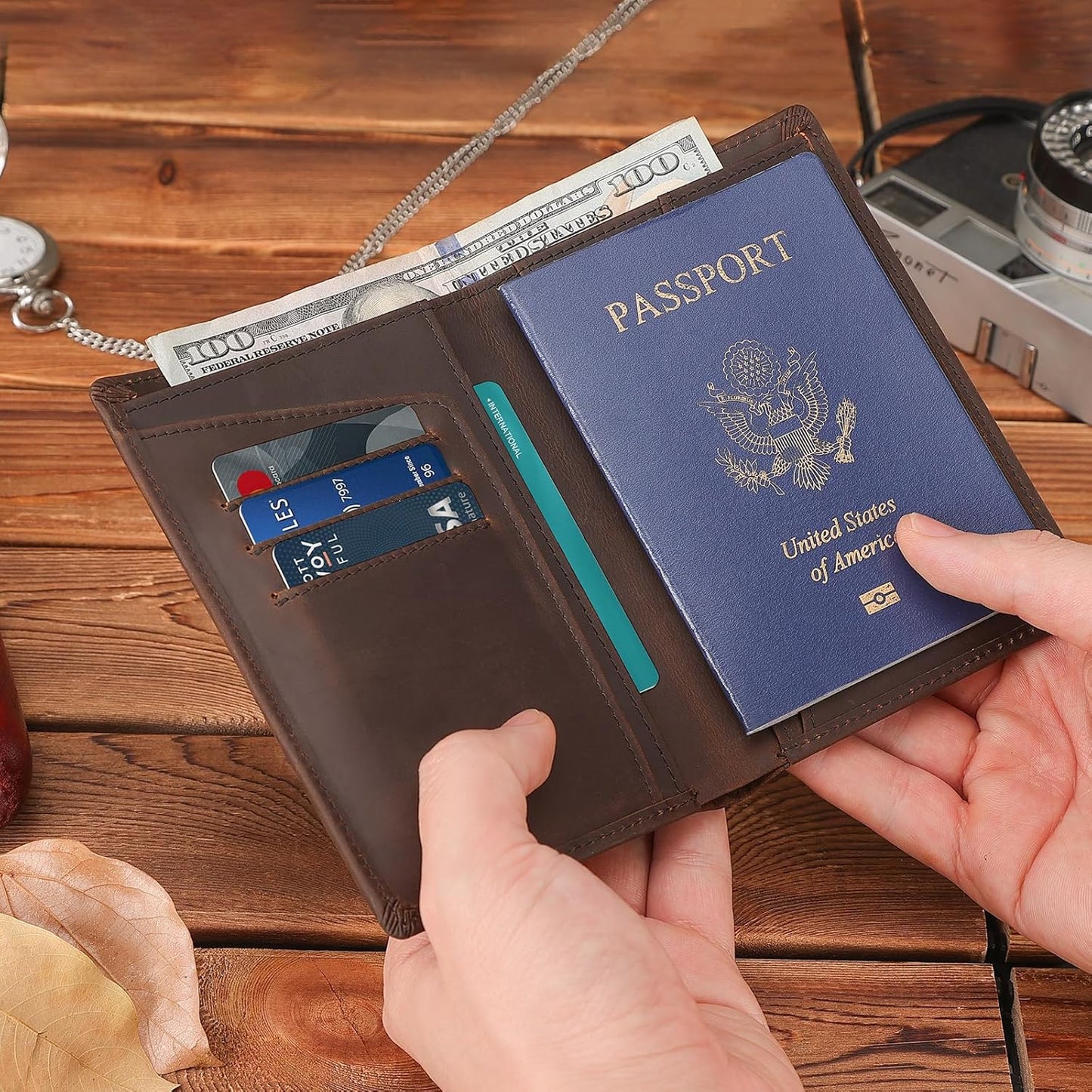 Polare Functional RFID Blocking Leather Passport Holder Travel Bifold Wallet For Men (Dark Brown with AirTag Slot)