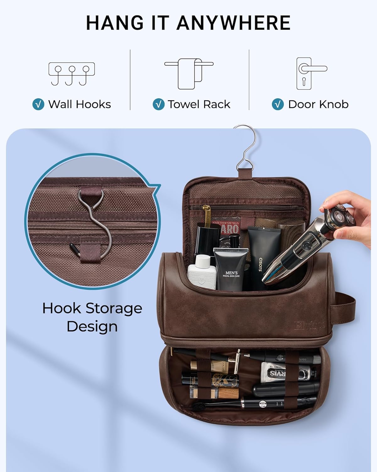 Elviros Toiletry Bag for Mens PU Leather Travel Organizer Kit with Hanging hook, Large Water-resistant Toiletries Bathroom Shaving Bags (Extra Large, Coffee)