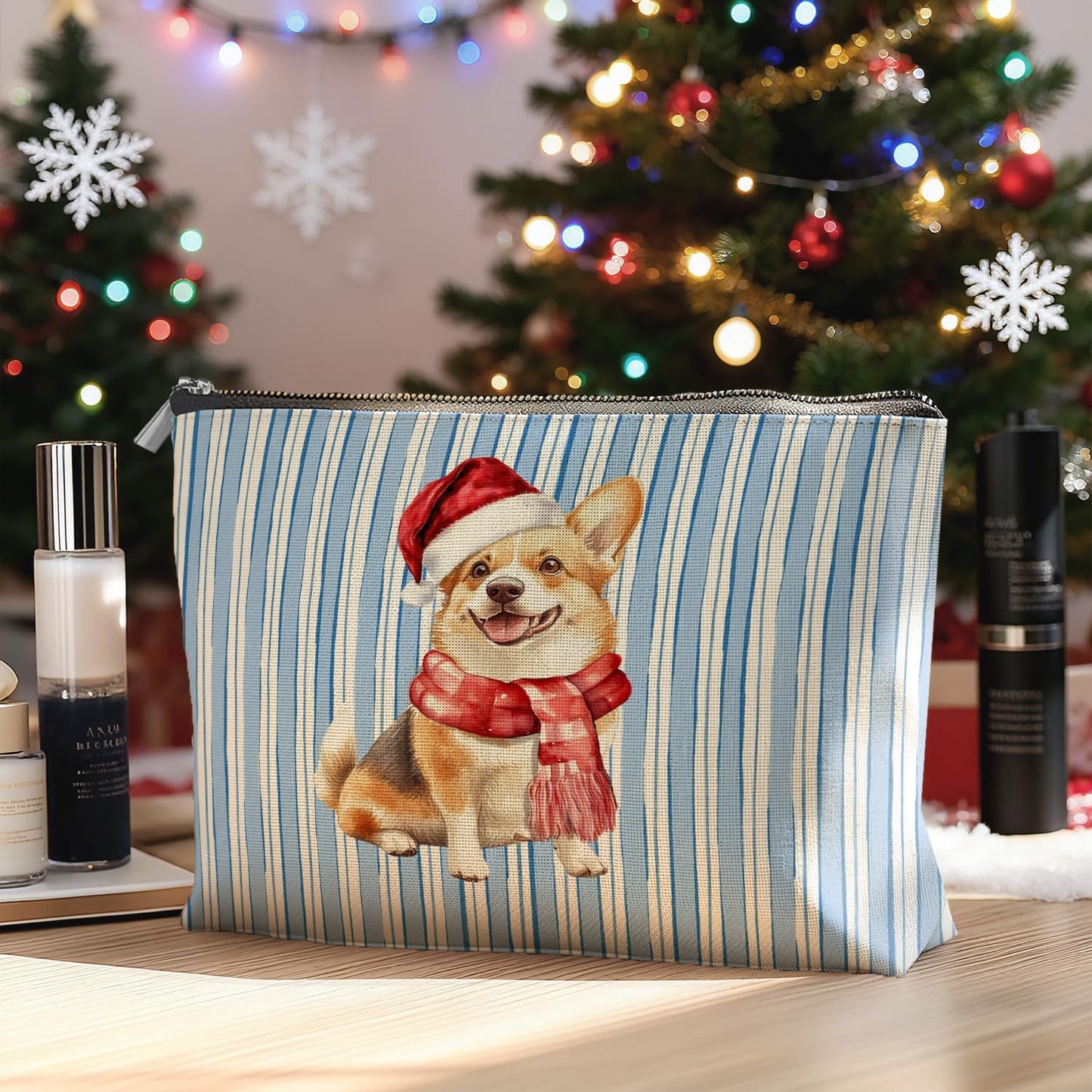 Christmas Corgi Makeup Bag Gifts for Women, Christmas Santa Hat Corgi Cosmetic Bag, Xmas Dog Blue Striped Winter Holiday Zipper Makeup Pouch Travel Toiletry Bag