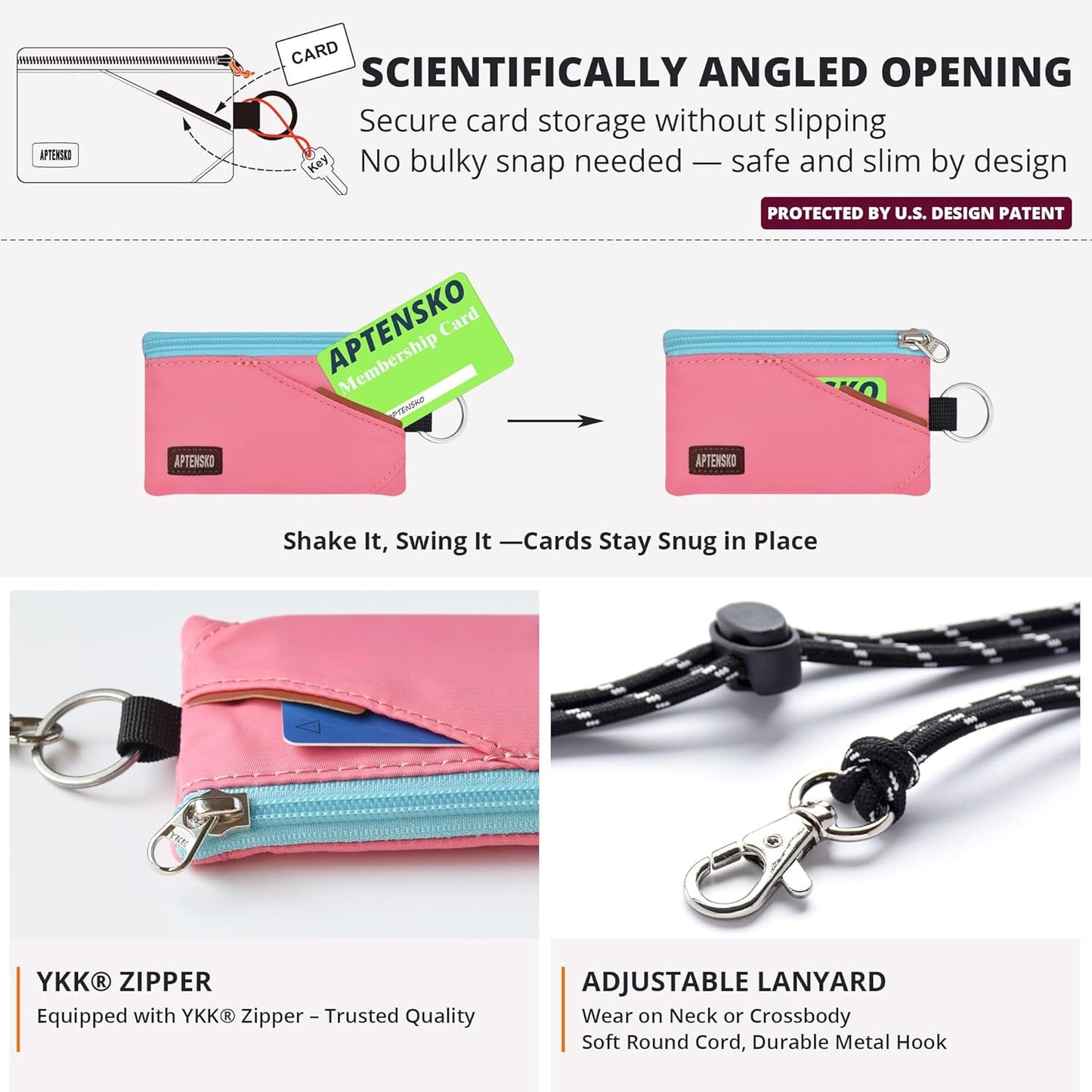 RFID Travel Wallet with Adjustable Lanyard-Zipper Small Wallet with ID Card Holder, Keychain for women&men-Minimalist Slim Waterproof Nylon case for ID, Cash, Key (Pink)