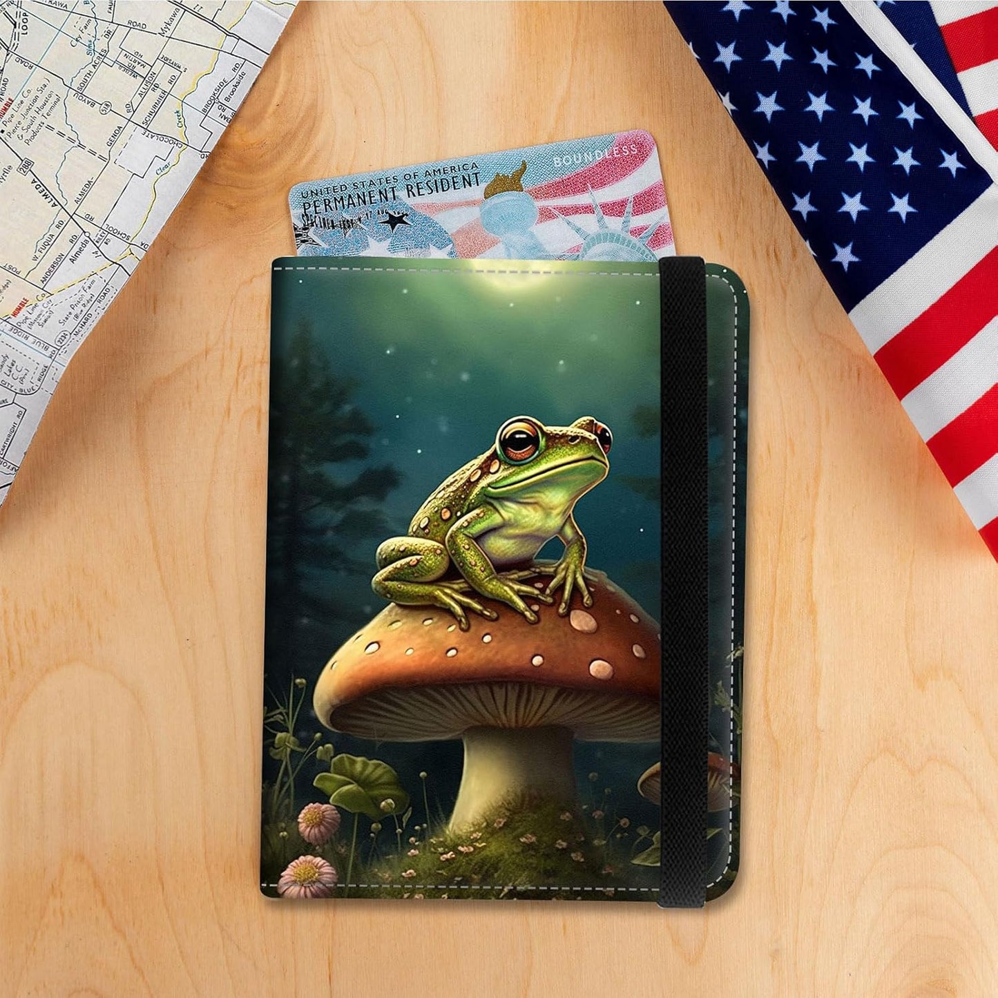 Passport Holder Cover Wallet Travel Essentials RFID Blocking Case Leather Passport Cover Wallet Vaccine Card Slot Organizer for Men Women, Frog Mushroom