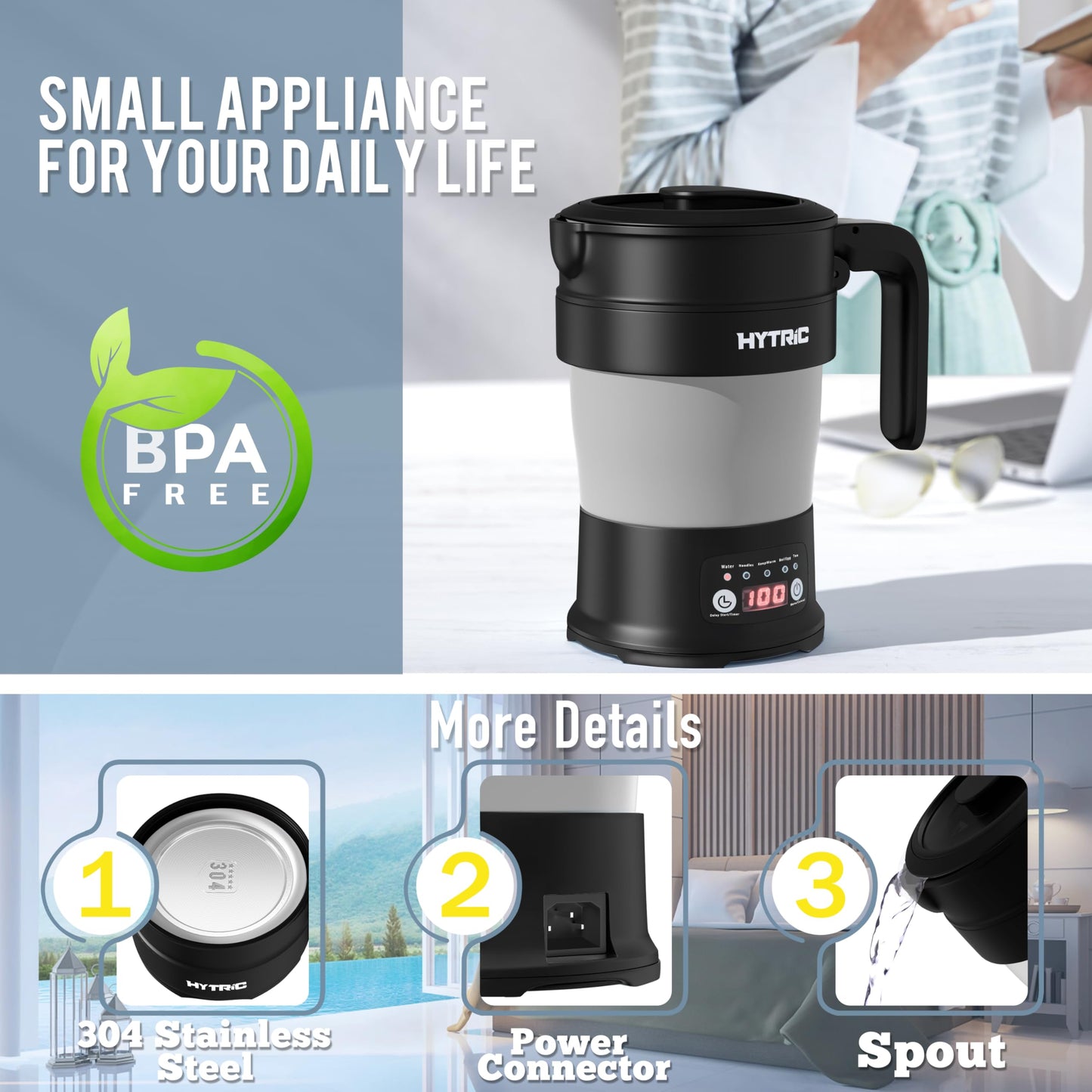 HYTRIC Travel Electric Kettle, 700ML Collapsible Hot Water Kettle, Black