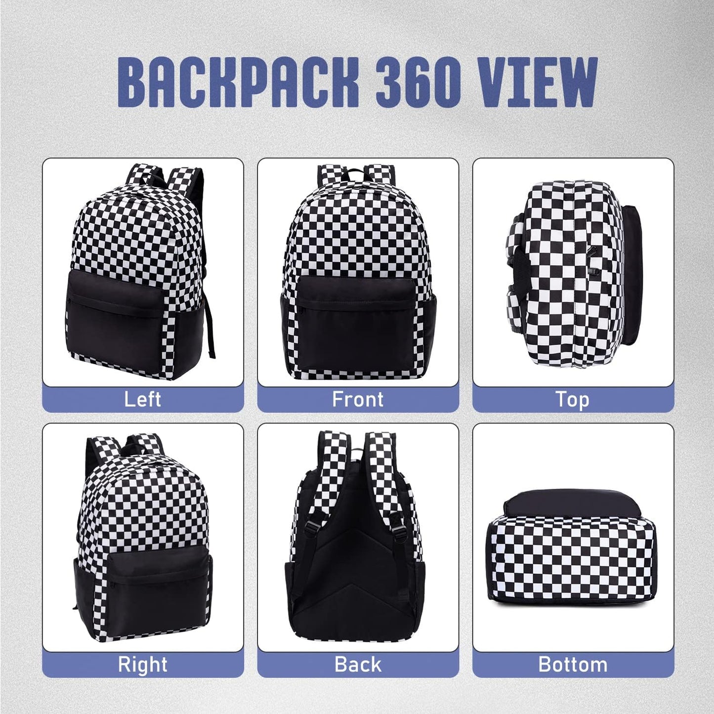 Checkered Backpack - School Backpack for Kids, Large Capacity, Waterproof, Lightweight, Black