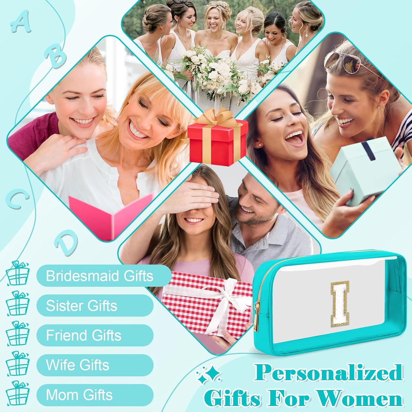 Personalized Initial Letter Clear Makeup Bag,Preppy Small Nylon&PVC Cosmetic Zipper Bag with