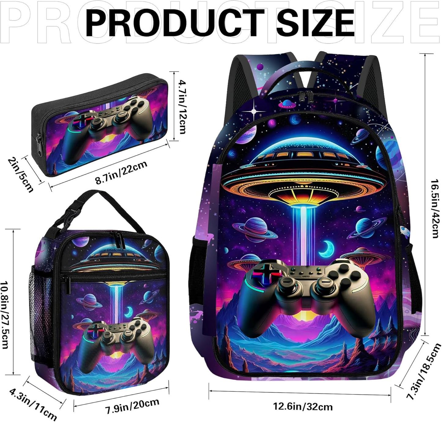 Game Backpack Set for Boys, Gaming Backpack 3 Pack, Boys Lunch Box, and Pencil Bag for Kids, 17"