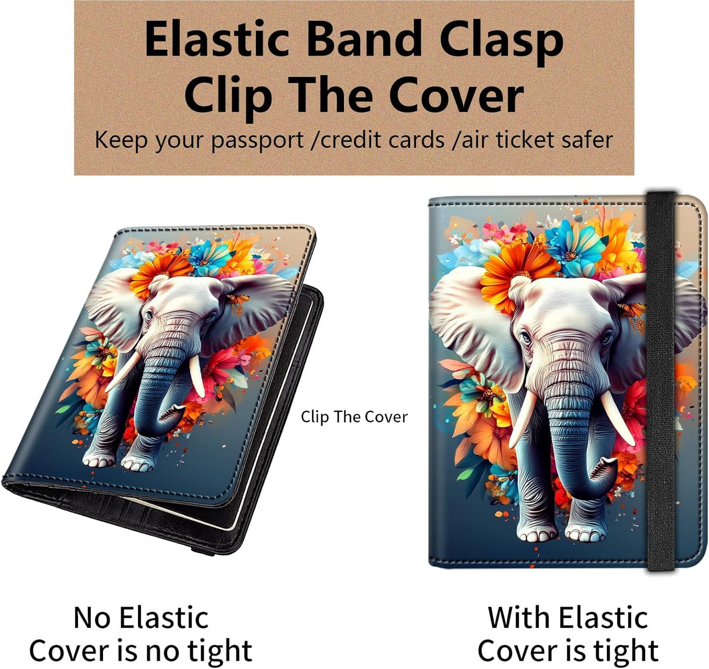 Passport and Vaccine Card Holder Cover Combo,Travel Passport Holder Wallet with RFID Blocking, Leather Vaccine Card Slot Passport Cover Case for Women & Men,Elegant Elephant and Flowers