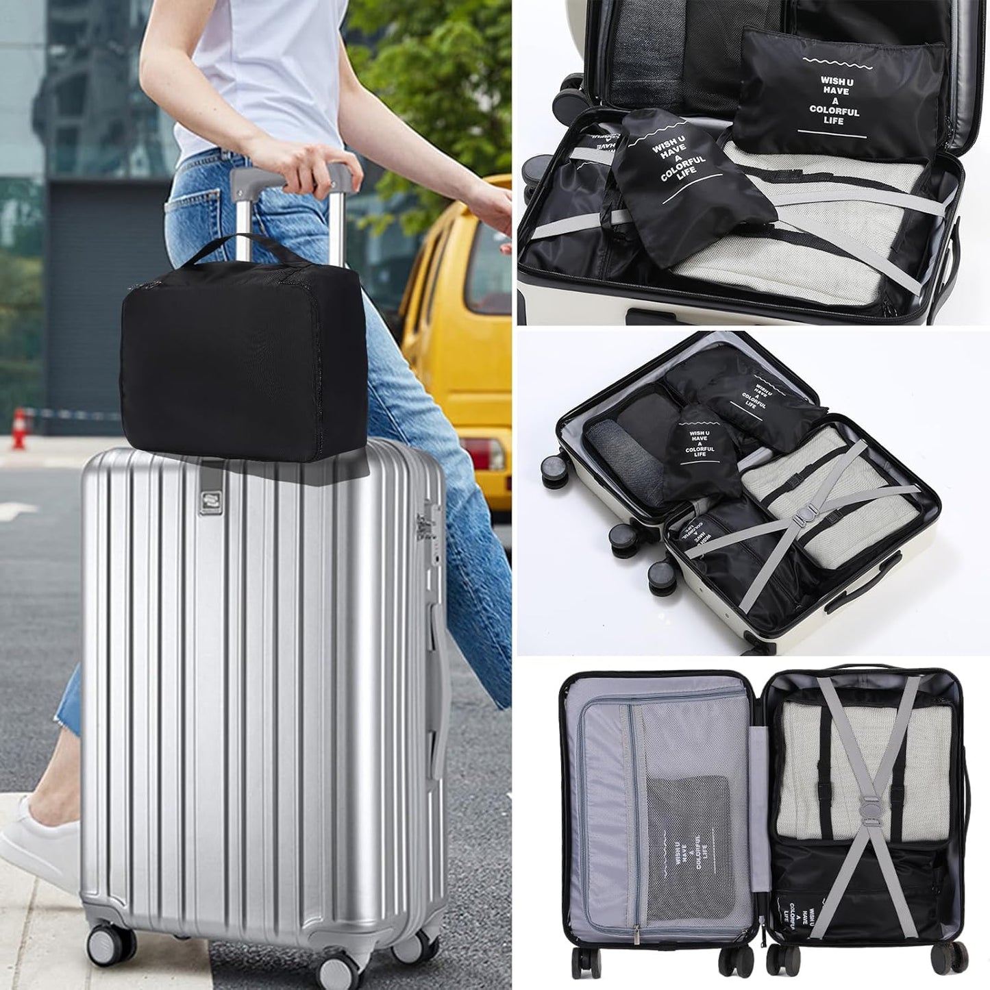 Packing Cubes Storage Bags 7 Pieces-Luggage Organizers Classify Store Clothing Efficiently for Travel Outdoor Home (Black, 7 Pieces)
