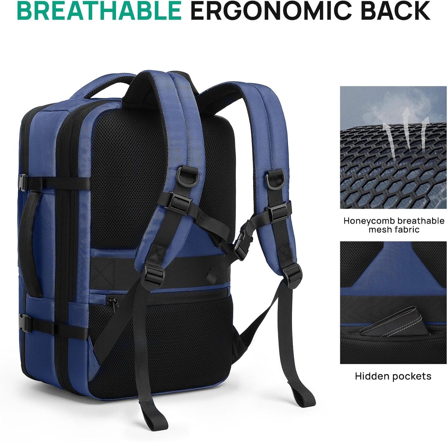 Dinictis Vacuum Seal Travel Backpack 60L Built-in Pump, Expandable Backpack with Vacuum Compression fits 17 inch Laptop, Waterproof Carry On Suitcase Luggage suit for Short Trip and Business-Blue