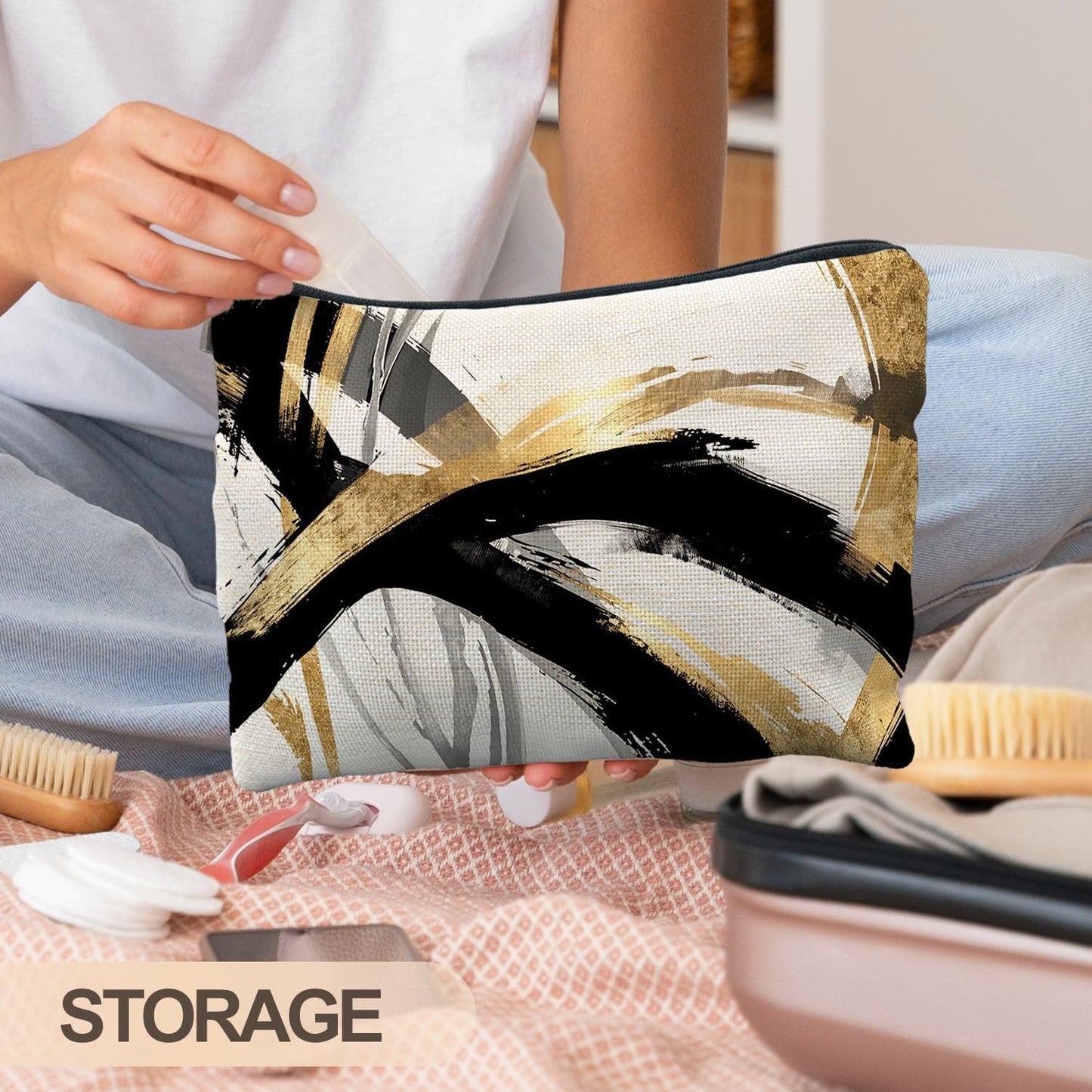 Abstract Black and Gold Makeup Bag, Boho Black White and Gold Cosmetic Bags for Women, Boho Gifts for Women, Mid Century Modern Zipper Makeup Pouch