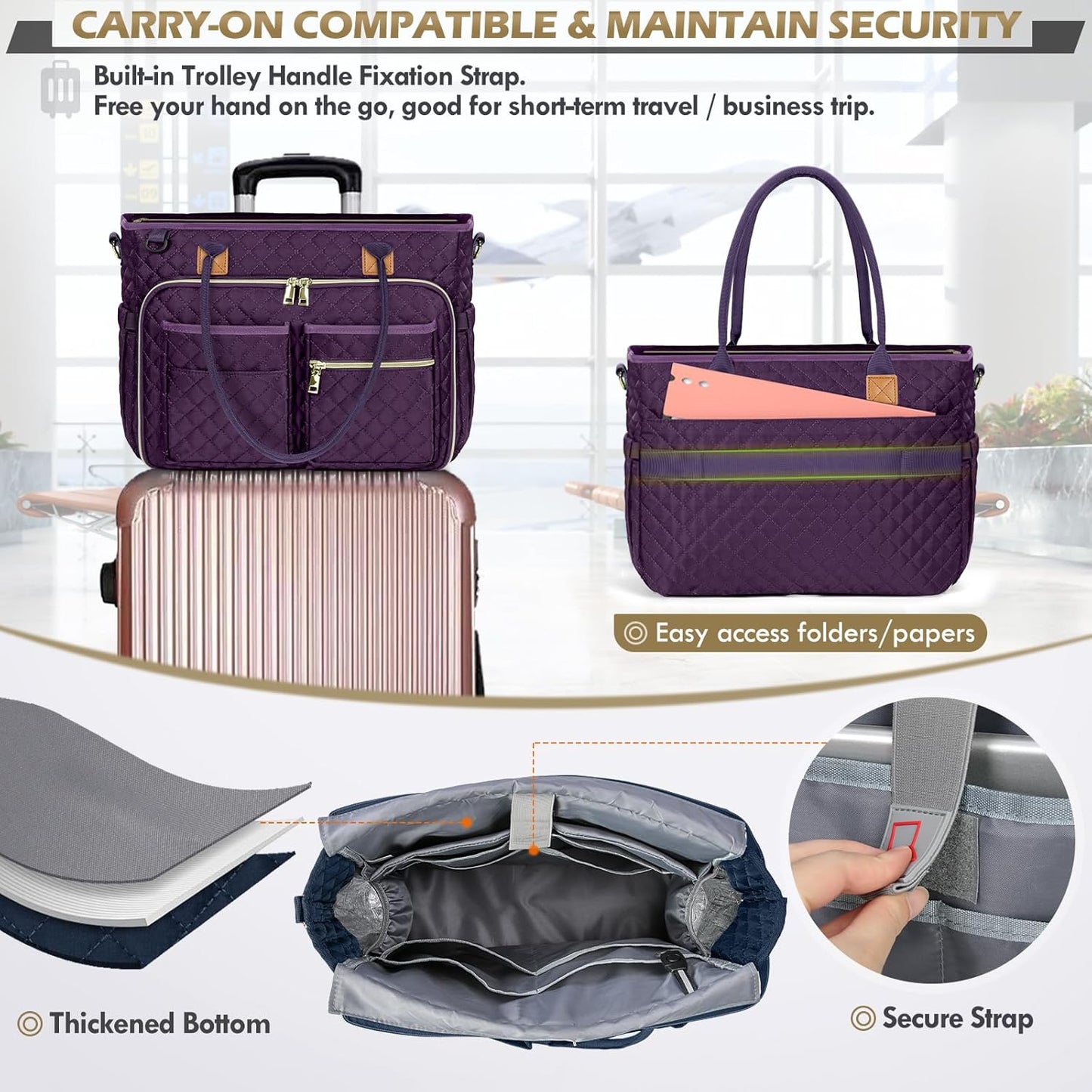 RAINSMORE Teacher Tote Bag 15.6 inch Laptop Bag for Women Work Bags Laptop Tote Nurse Bag Professional Computer Messenger with Insulated Pocket, Laptop Briefcase for Office, College, Dark Purple