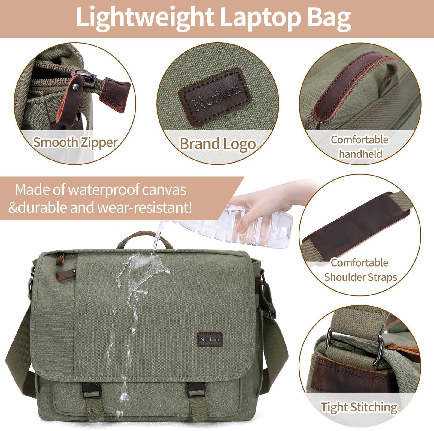 Nerlion Messenger Bag for Men 17-17.3 Inch Laptop Bag Canvas Water-resistant Computer Bag Shoulder Bag Work Briefcase Bookbag for College (Green)