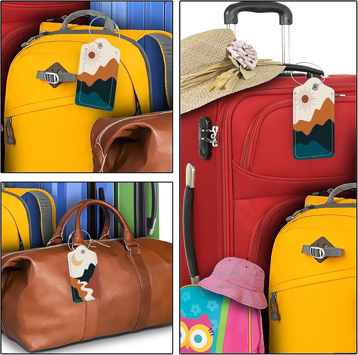 Abstract Landscape PU Leather Luggage Tags for Suitcase, Boho Sun Moon Mountains Travel Cruise 2