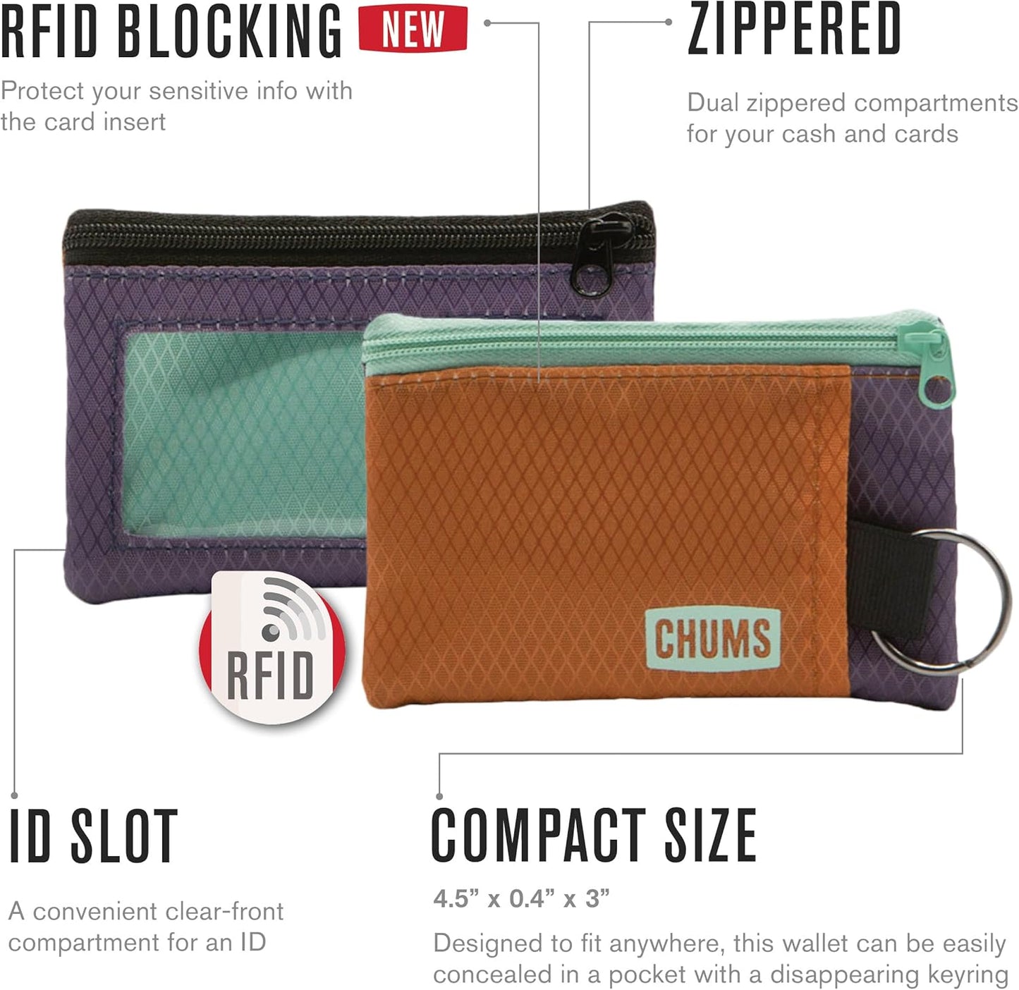 Chums Surfshorts Wallet - Lightweight Slim Wallet w/ RFID Blocking Card - Zippered, Minimalist