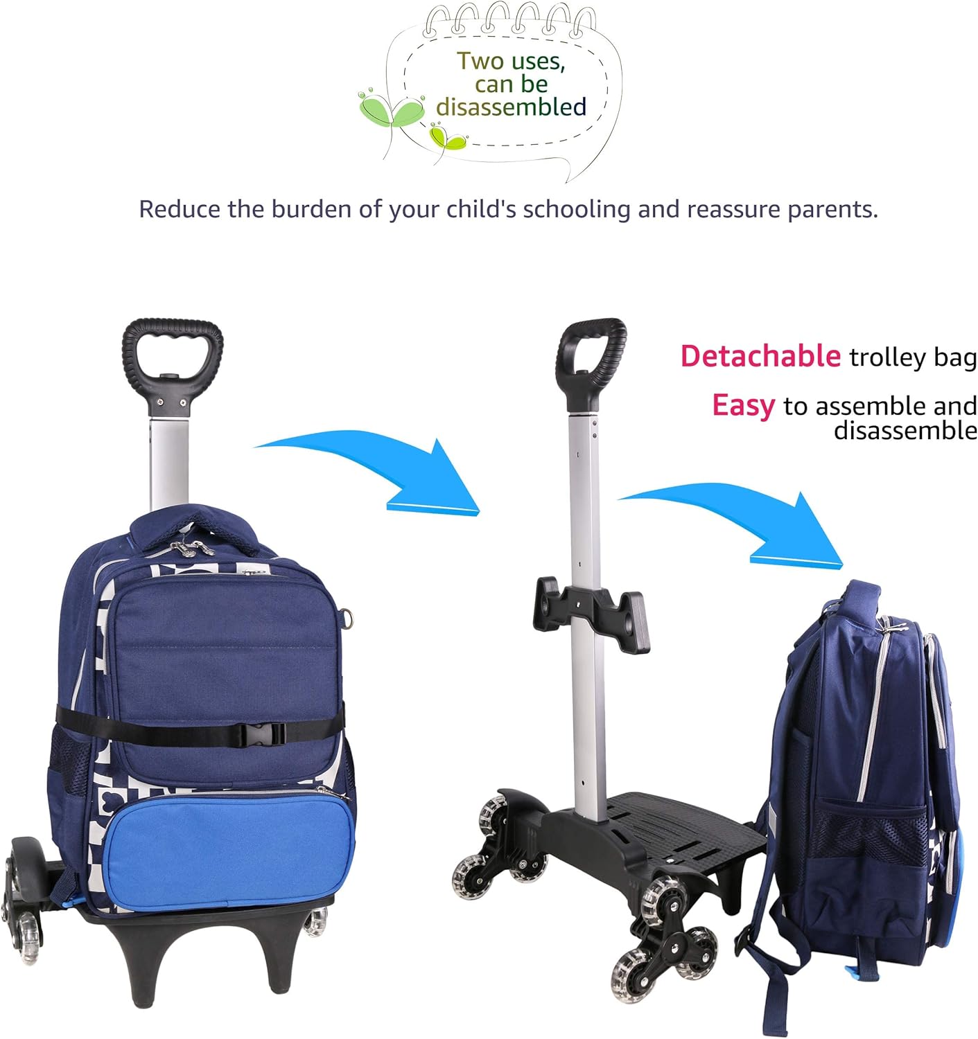 Backpack Trolley, Wheeled Trolley Aluminium Alloy Foldable Hand Cart 6 Wheels Rolling Luggage Carts for Kids Teens Adult School Travel (6 Wheels)