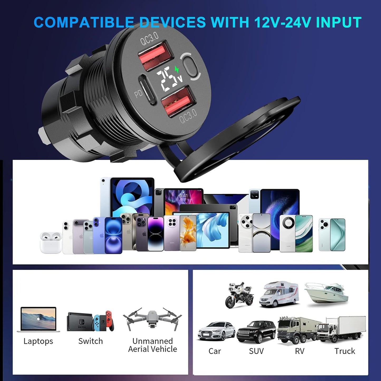 USB Outlet 3 Port Car Charger, USB C Car Charger Quick Charge, PD & QC USB Port for Car, USB C Cigarette Lighter Replacement 12V-24V Socket for Motorcycle RV Car Boat Marine Truck (2QC+PD Black)