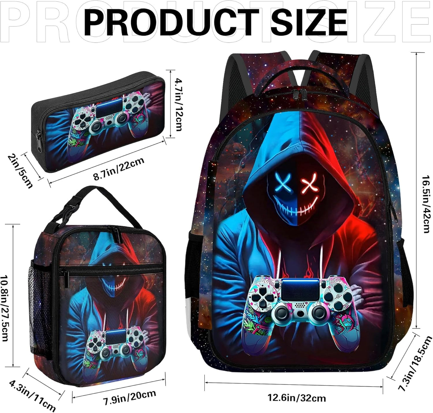 Game Backpack Set for Boys, Gaming Backpack 3 Pack, Boys Lunch Box, and Pencil Bag for Kids, 17"