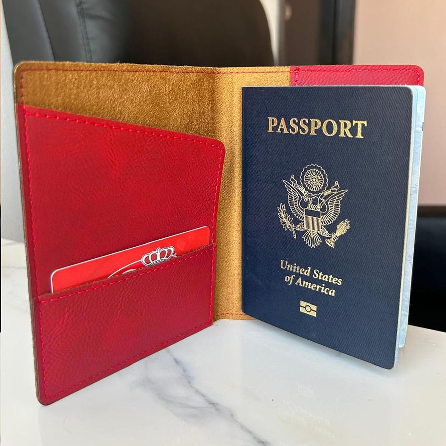 LaserGram Faux Leather Passport Holder, Coat of Arms Dominican Republic, Personalized Engraving Included (Red)