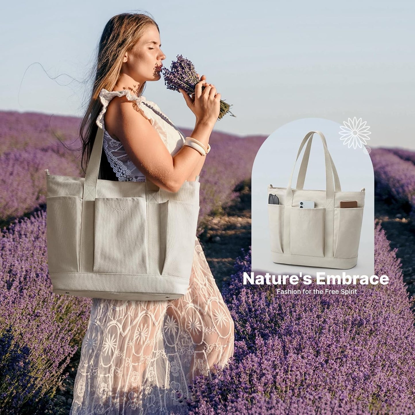 G4Free Large Canvas Tote Bag for Women with Zipper Fit 15.6" Laptop, Everything Tote Bags with Pockets for Work, Travel