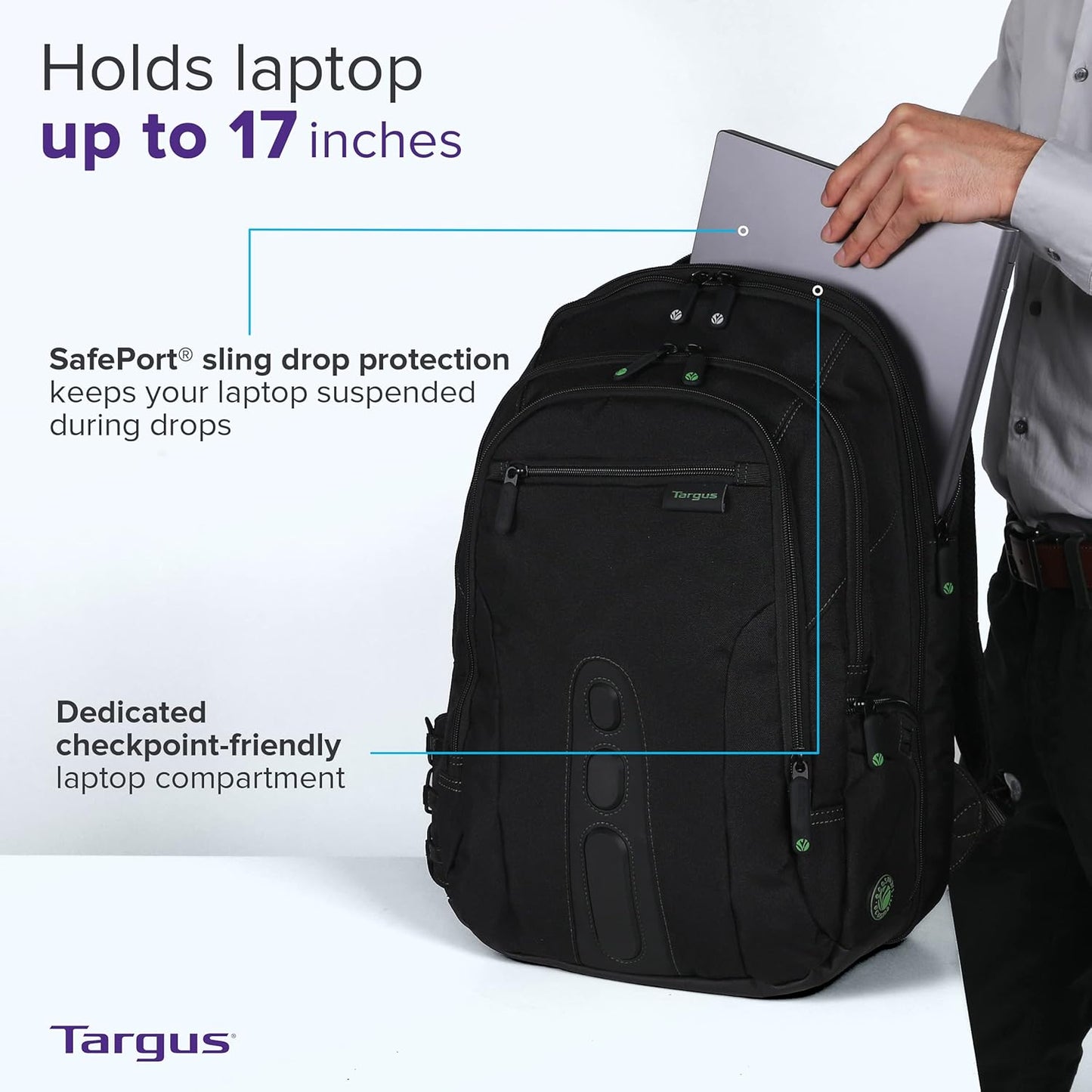 Targus Spruce EcoSmart Travel Laptop Backpack for 17 inch Laptops, TSA-Friendly Carry On Backpack