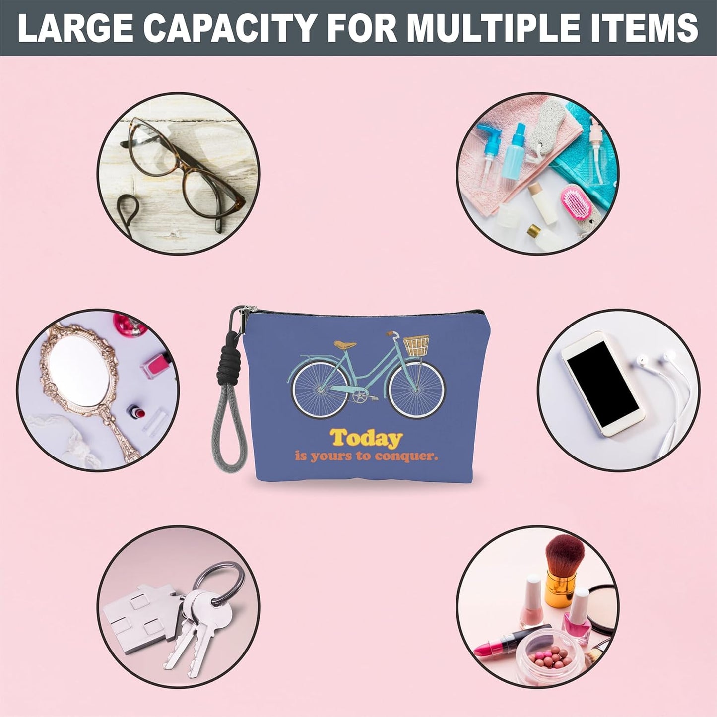 Make Up Bag For Woman, Cosmetic Bag With Hand Strap - Today Is Yours To Conquer - Lined Toiletry Bag - Bicycle Theme Pouch, Navy Organizer With Zipper, Women Essentials & Accessories - A16