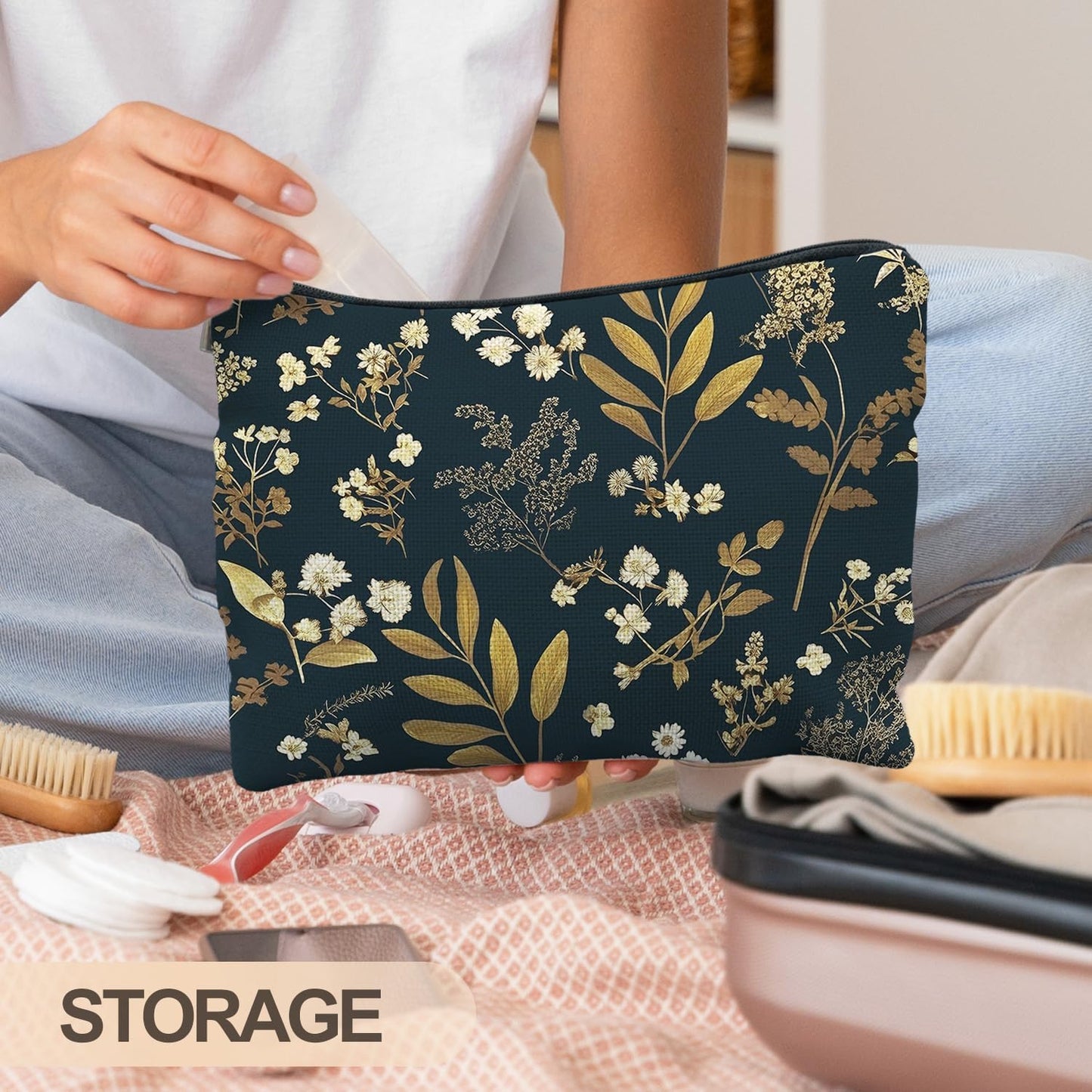 Vintage Boho Floral Makeup Bag, Dark Moody Wildflowers Floral Cosmetic Bags for Women, Dark