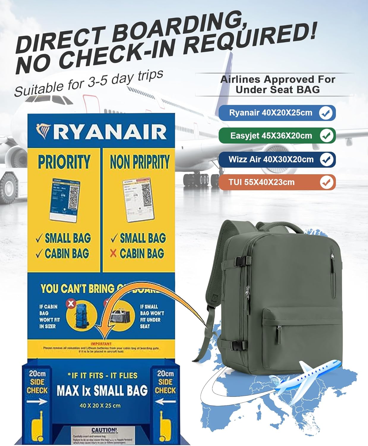 VGCUB Travel Backpack for Women Men for Spirit Airlines Personal Item Bag 18x14x8 Inches Laptop College Backpack,Waterproof Carry on Flight Approved Work Backpack,Large Army green