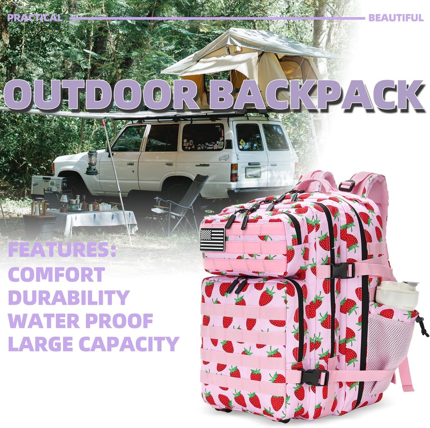 25L Tactical Military Backpack Small Travel Rucksack for Men and Women Assault Pack Bug Out Bag Molle Daypack Gym Backpack with Bottle Holder (Strawberry)