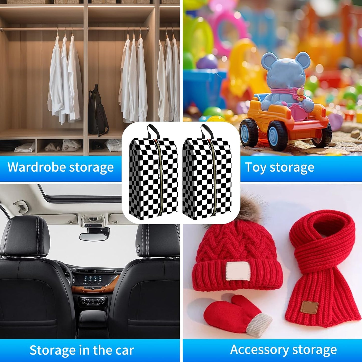 2pcs Shoe Organizer for Travel, Packing Shoe Travel Bags, Cute Shoe Bag with Zipper & Handle, Portable Travel Essentials for Women and Men Black White Checker