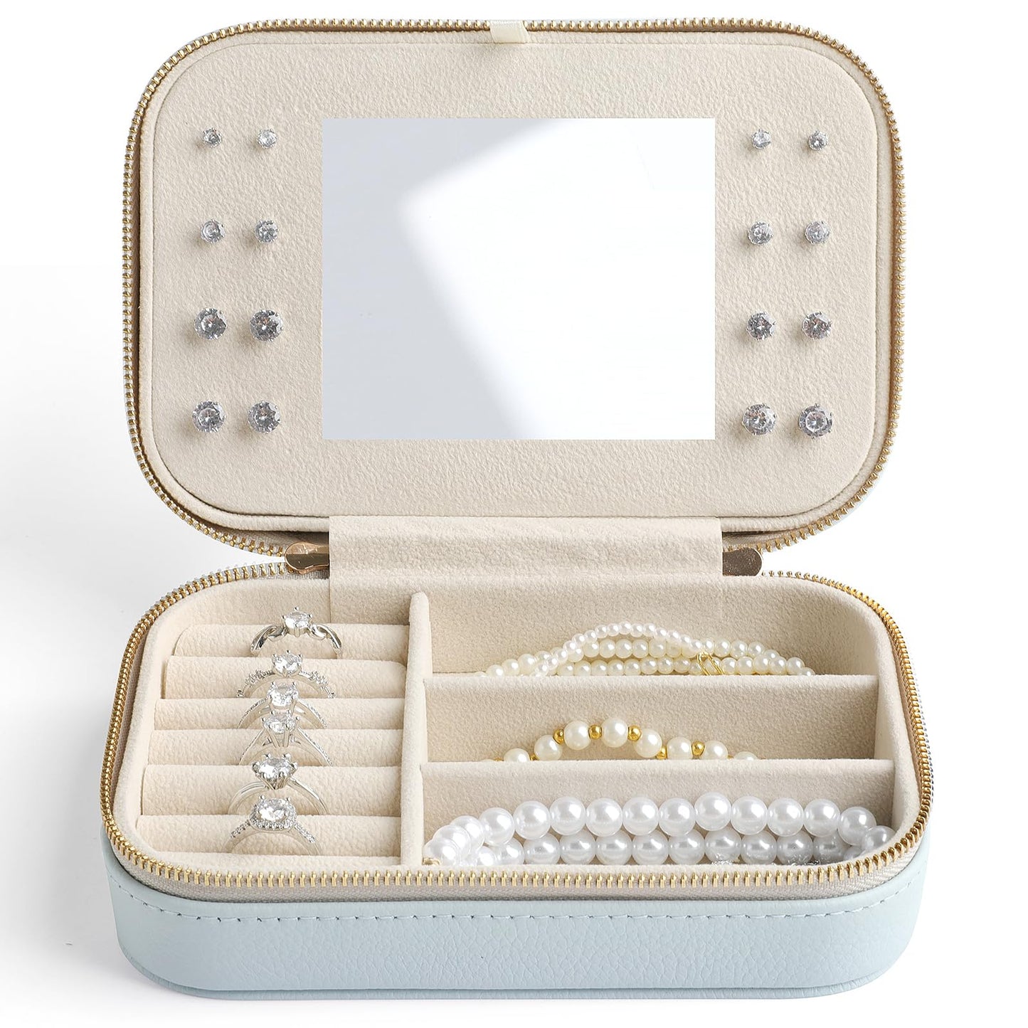 NGVRC Genuine Leather Travel Jewelry Organizer Case with Mirror for Women, Small Mini Portable