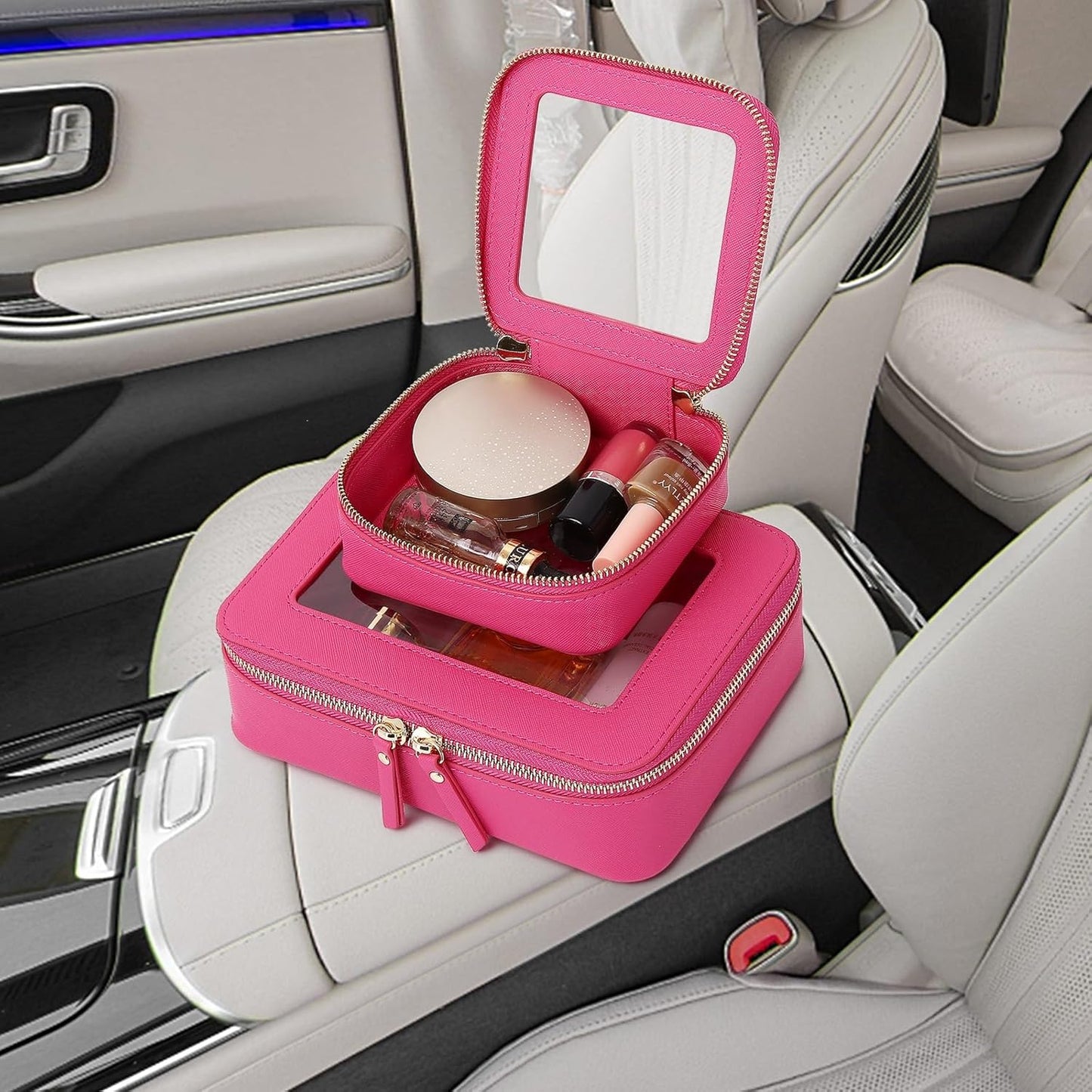 Clear Makeup Bag Set Travel Cosmetic Bag and Toiletry Bag Women's Purse Pouch Cosmetic Stroage Organizer Case with Zipper Car Essentials (Fuxia, M+Mini)