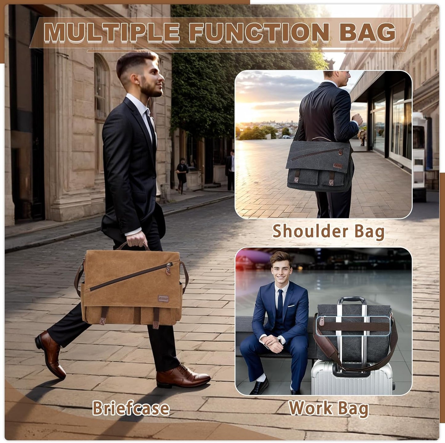 Messenger Bag for Men,Water Resistant Canvas Satchel 14 15.6 17 Inch Laptop Briefcases Business Shoulder Bag by RAVUO