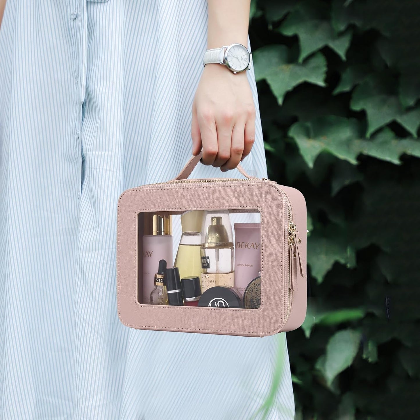 Travel Makeup Set Waterproof Transparent Cosmetic Bag and Toiletry Bag Makeup Brush case with Zipper Car Essentials for Women (Pink, L+M+SLIM)