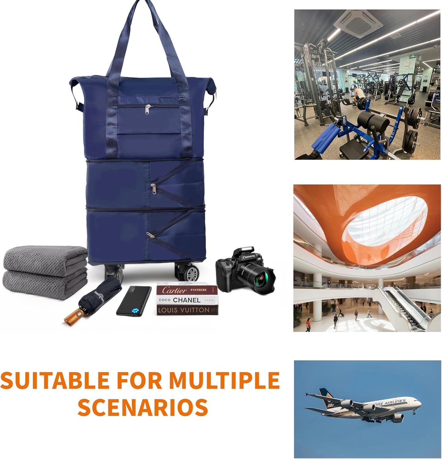 Finnhomy 50L Expandable Rolling Duffel Bag with Wheels Foldable Duffel Bag for Travel Carry on Bag with Wheels Luggage Travel bag Detachable Wheel Duffel Bag for Shopping Travel Outdoor, Blue