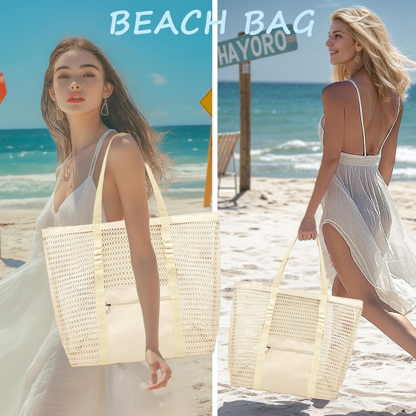 Mesh Beach Bags for Women with Zipper Foldable Hobo Tote Bag Vacation Shoulder Bags for Swimming Pools