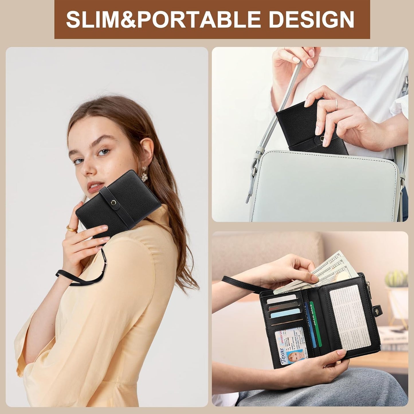 Small Wallet Women RFID Blocking Vegan Leather Slim Thin Bifold Credit Card Wallet Passport Holder Ladies Travel Wallet Mini Purse with Zipper Pocket