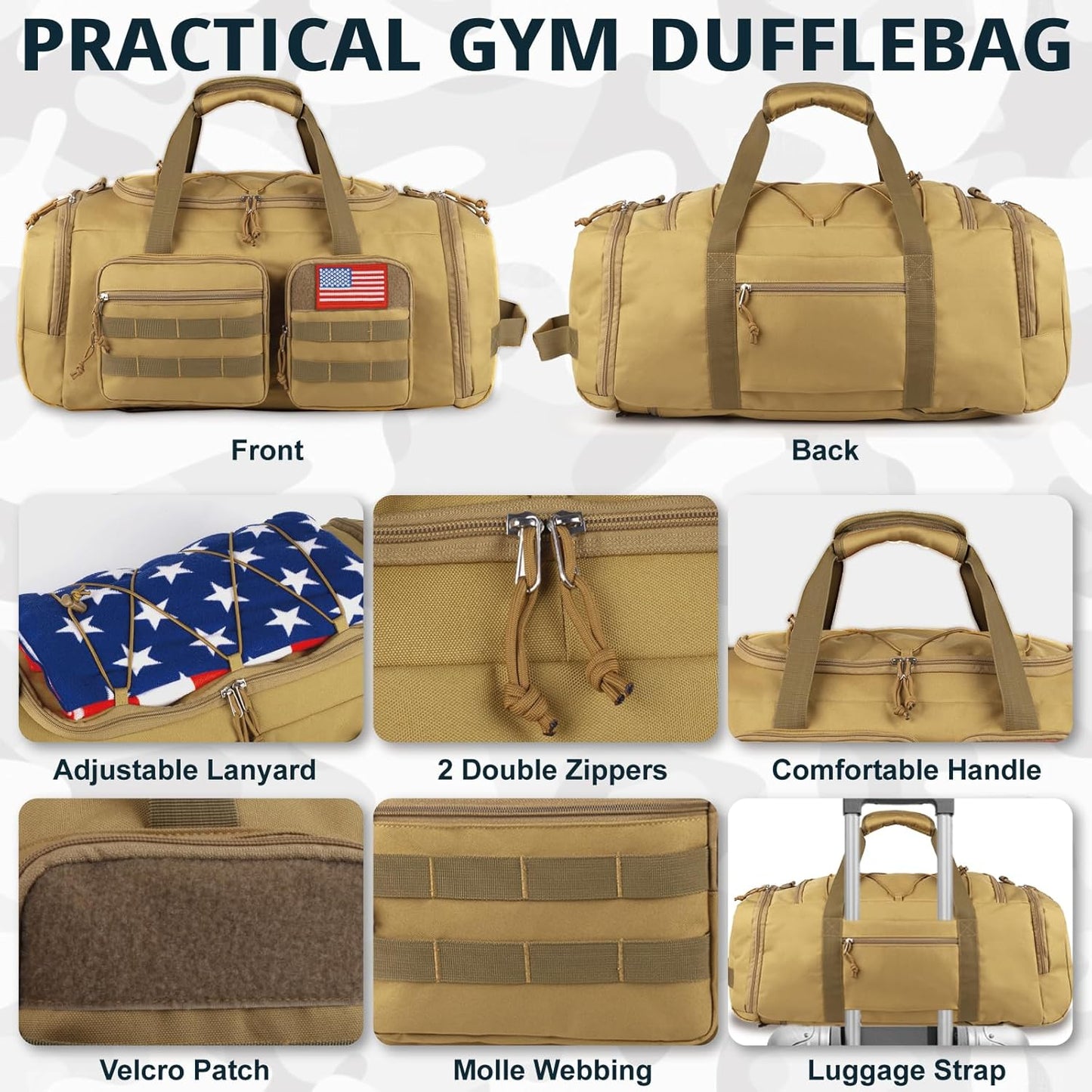 Tactical Gym Bag for Men,50L Large 3 in 1 Sports Duffle Bag with Shoes Compartment for Travel,Water Resistant Travel Backpack Weekender Overnight Bag with Wet Pocket for Women