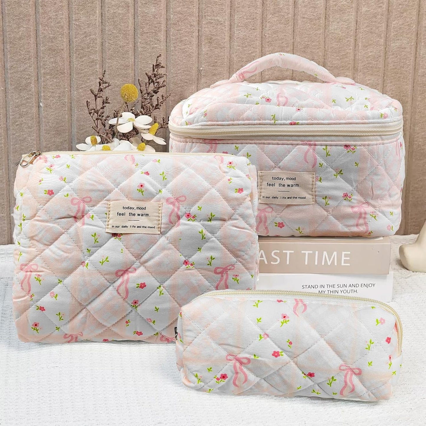 Quilted Makeup Bag, Large Capacity Travel Cosmetic Bag for Women and Girls, Aesthetic Storage for Daily and Travel Use (3pcs-overbowfloral)