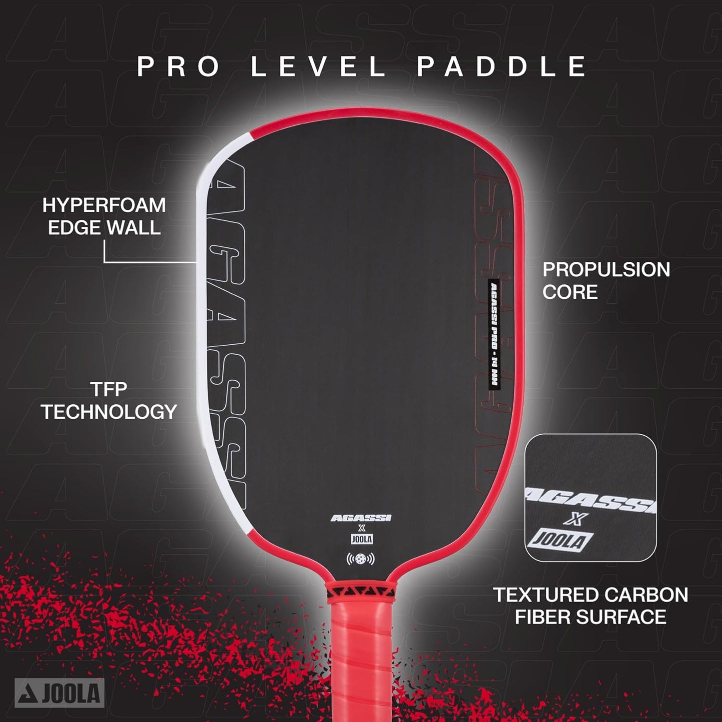 JOOLA Agassi PRO IV 14mm Pickleball Paddle w/Extended Sweet Spot - Carbon Fiber Surface Increases Spin & Control - SK Film for Power & Larger Sweet spot - UPA-A Certified - USAP Approved - NFC Chip