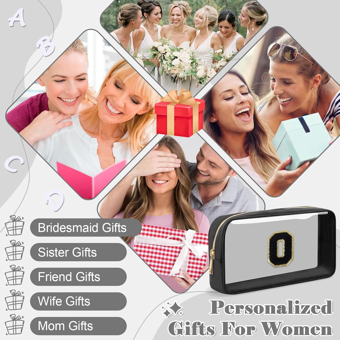 Personalized Initial Letter Clear Makeup Bag,Preppy Small Nylon&PVC Cosmetic Zipper Bag with