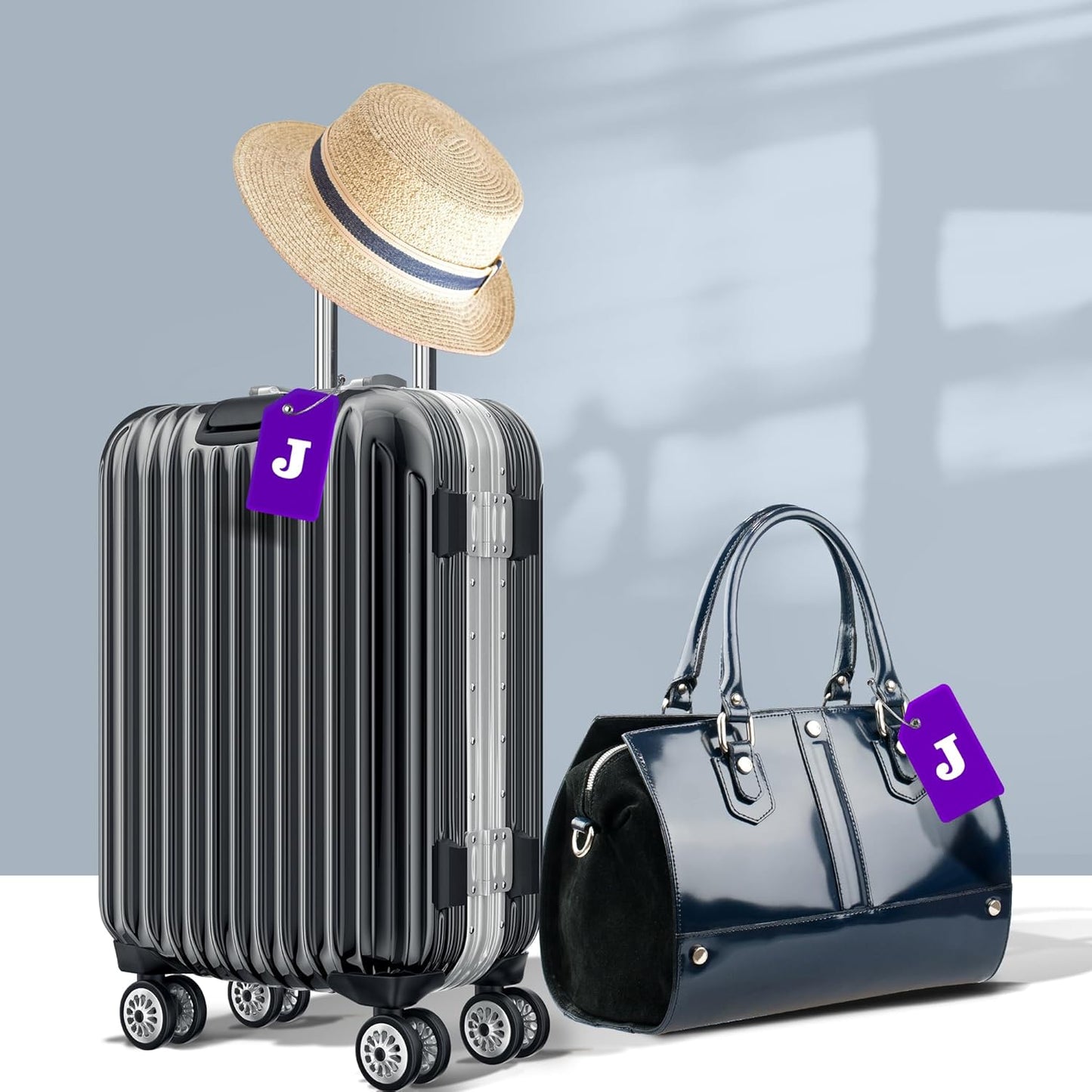 Gostwo 2 Pack Silicone Luggage Tags for Suitcases, 26 Initial Letter Baggage Labels Handbag School Bag Suitcase Instrument Tag with Stainless Steel Loop(Purple) (Letter J)